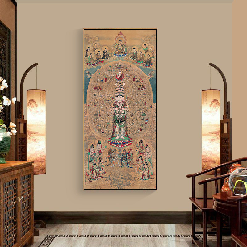 千手观音菩萨画像新中式客厅装饰画竖版茶室壁画书法字画心经挂画