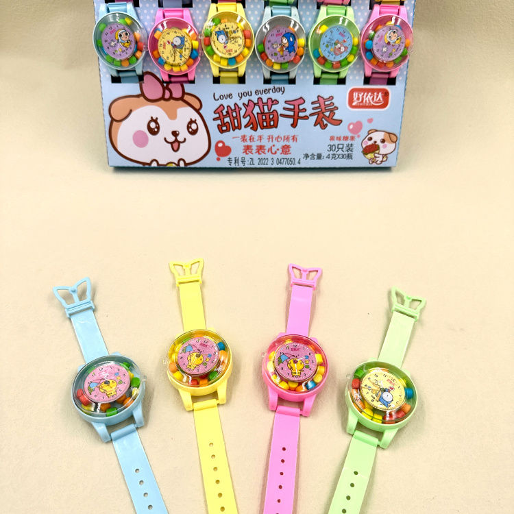整盒30个卡通甜猫手表造型玩具糖果压片糖彩虹堂儿童趣味糖果零食