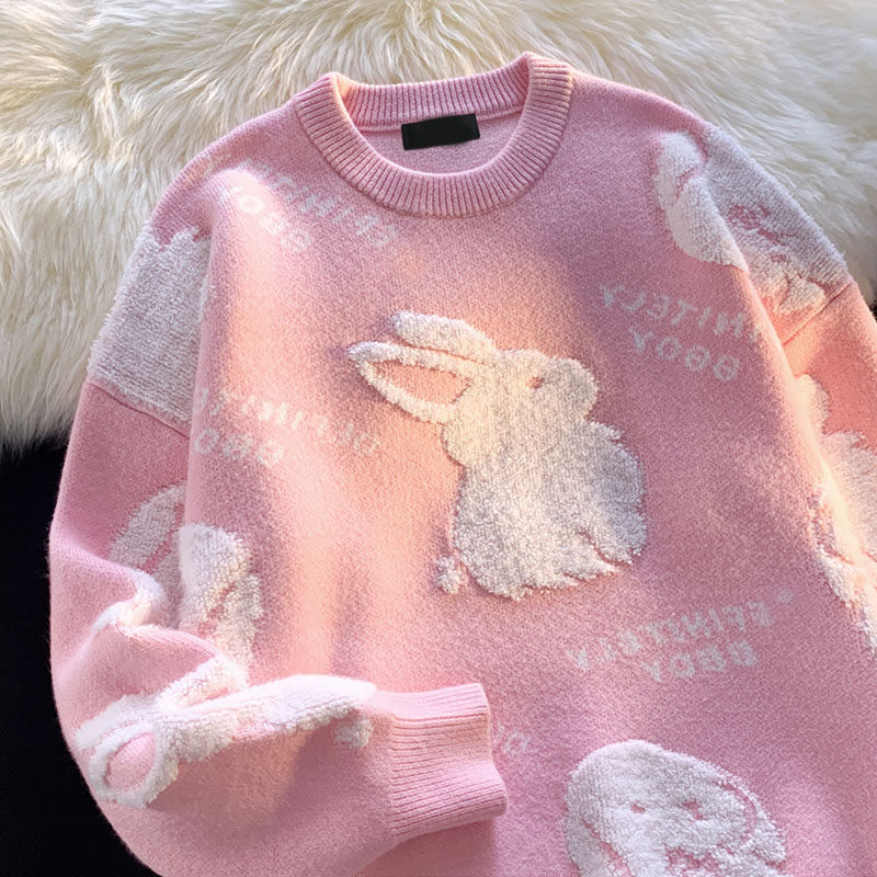 韩系oversize趣味兔子套头毛衣男女秋冬宽松ins甜酷风外穿针织衫