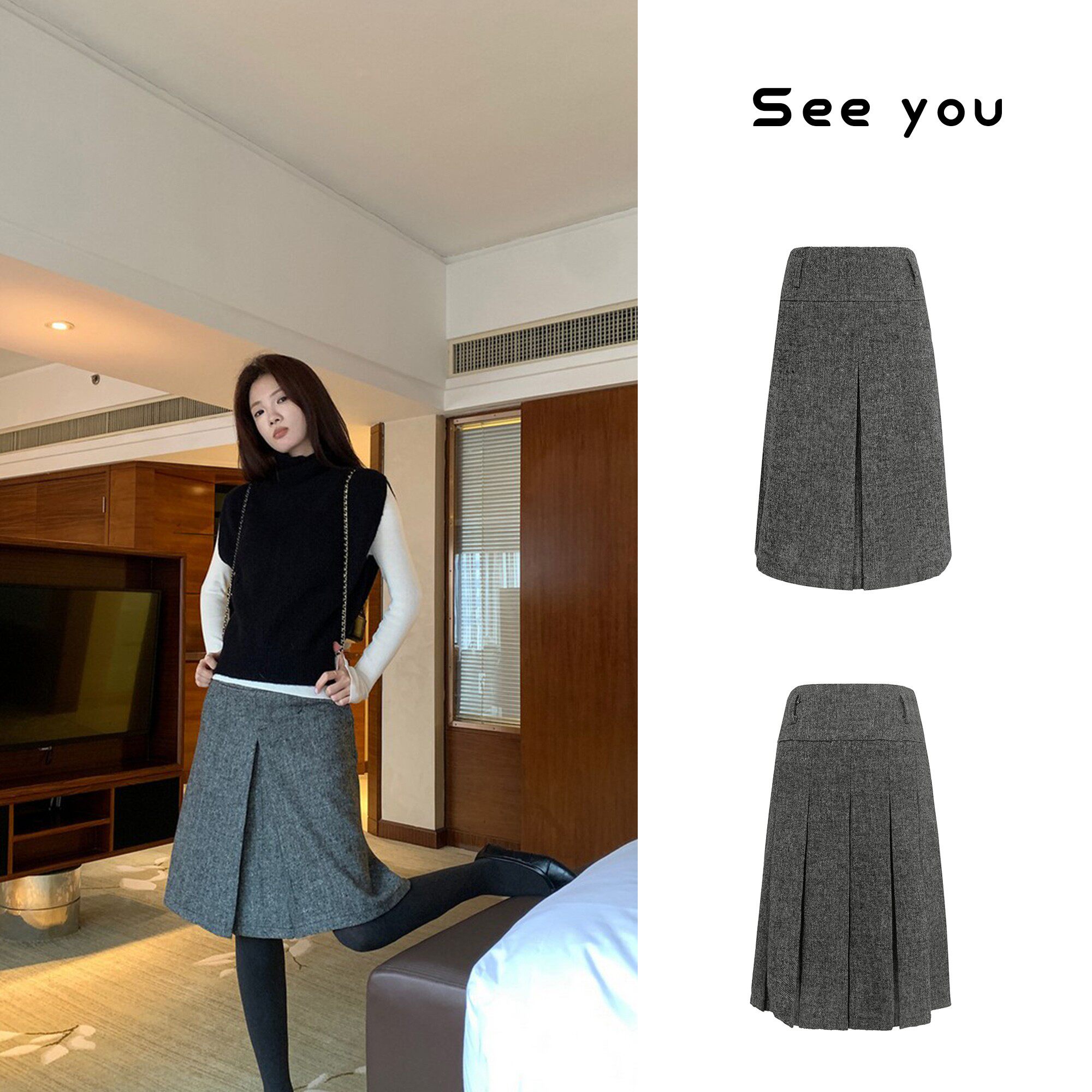 前后两穿 格雷系灰色羊毛毛呢半身裙女开叉百褶A字裙,女装/女士精品,半身裙,淘宝优惠券,粉丝福利购,淘宝优惠卷