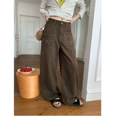 秋季新款设计感前刺绣贴袋复古牛仔裤直筒裤宽松百搭阔腿裤子女