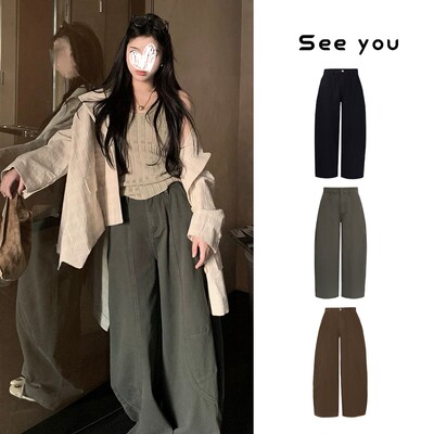 美式复古牛仔裤女新款阔腿裤弯刀裤宽松拖地长裤直筒裤子