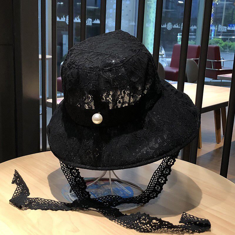 HONG KONG PURCHASING INS LACE STRAP FISHERMAN HAT WOMENS SUMMER THIN BREATHABLE RETRO BASIN HAT LARGE BRIM SUN HAT