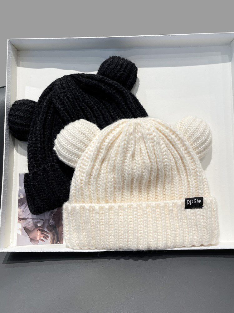 HONG KONG PURCHASING CUTE BEAR EARS LOOSE BIG HEAD BIB WOOLEN HAT WOMENS AUTUMN AND WINTER THICKENED EAR PROTECTION KNITTED HAT