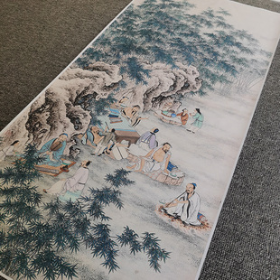 夏荆山《竹林七贤图》复古书画人物国画真迹微喷仿古画芯挂抽装裱