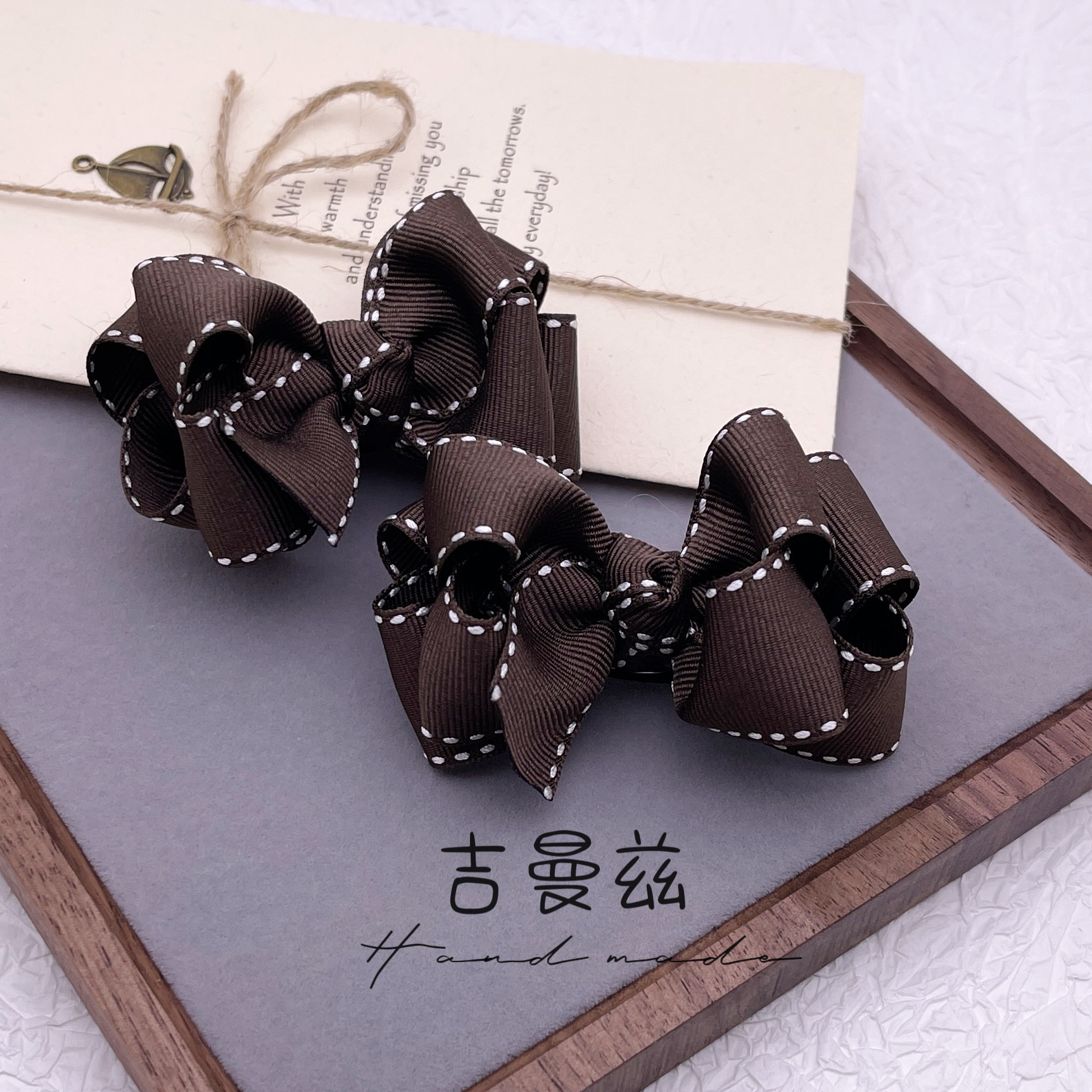 进口咖啡色跳线学院风立体韩国织带蝴蝶结发夹扣可拆卸鞋子配饰