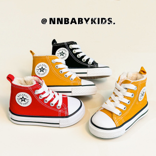 冬季韩版儿童加绒帆布鞋男女童高帮二棉板鞋软底中大童宝宝棉鞋潮