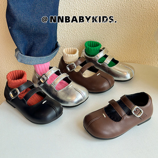 韩版儿童皮鞋女童假分趾公主鞋春秋小女孩方头奶奶鞋宝宝银色单鞋