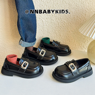 潮 儿童黑色皮鞋 春秋新款 男女童英伦风演出单鞋 中大童金属扣乐福鞋
