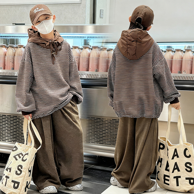 儿童条纹加绒连帽卫衣2025新款男童韩版宽松上衣冬装一体绒套头衫