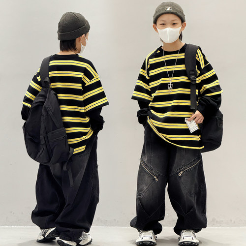 男童长袖T恤春秋款2025新款儿童条纹假两件中大童男孩潮牌打底衫