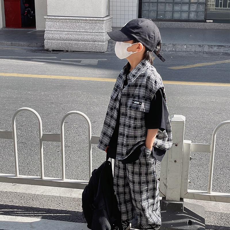奶油布丁男童格子套装