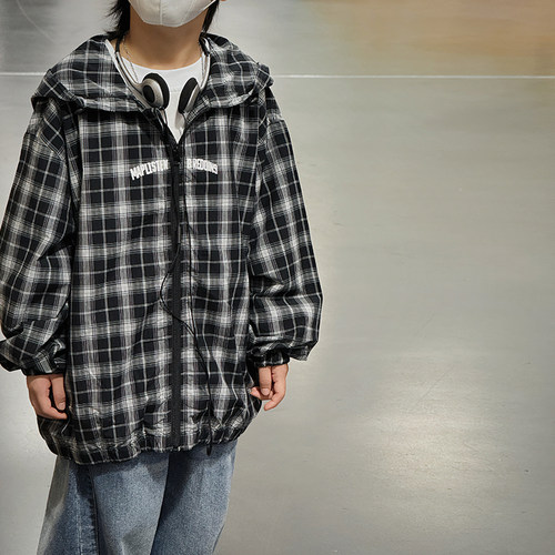 男童格子外套连帽衬衫春季2026新款儿童洋气宽松外出服胖宝宝上衣