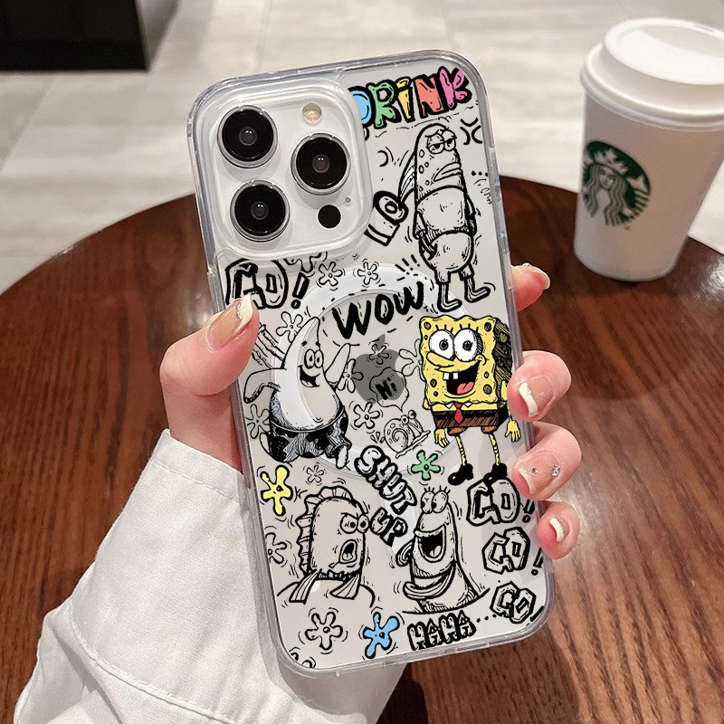 [Magsafe磁吸]素描海绵宝宝适用苹果16Promax透明磁吸软壳15Promax手机壳潮牌14小众高级感11不发黄新款xsmax