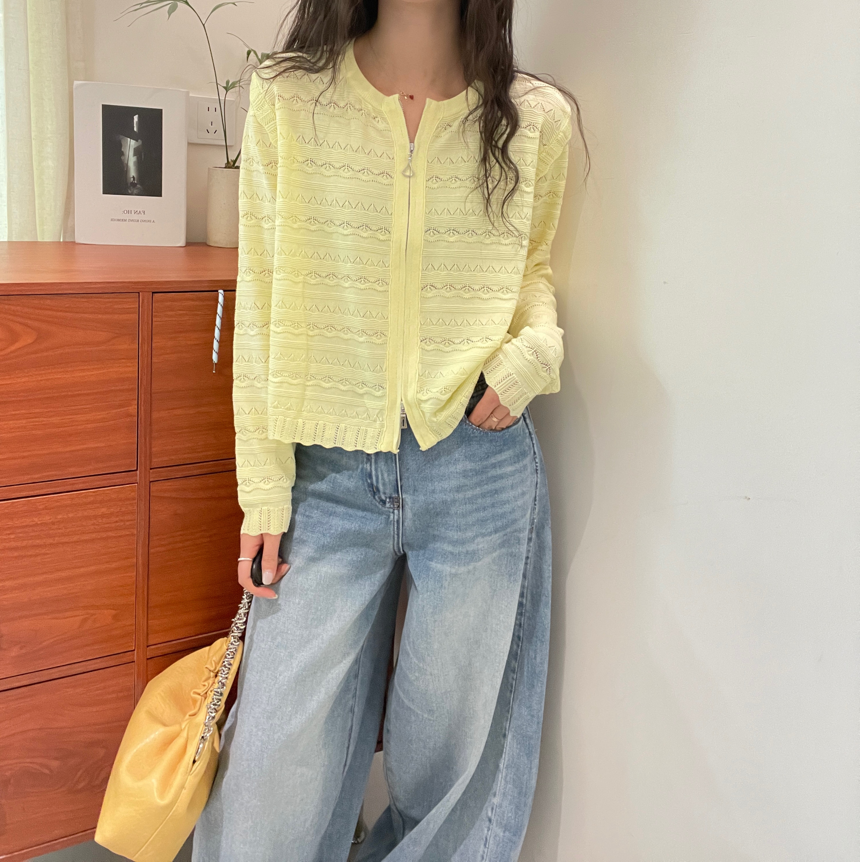 2026春款法式温柔风双拉链镂空亚麻针织开衫女长袖气质软糯上衣女