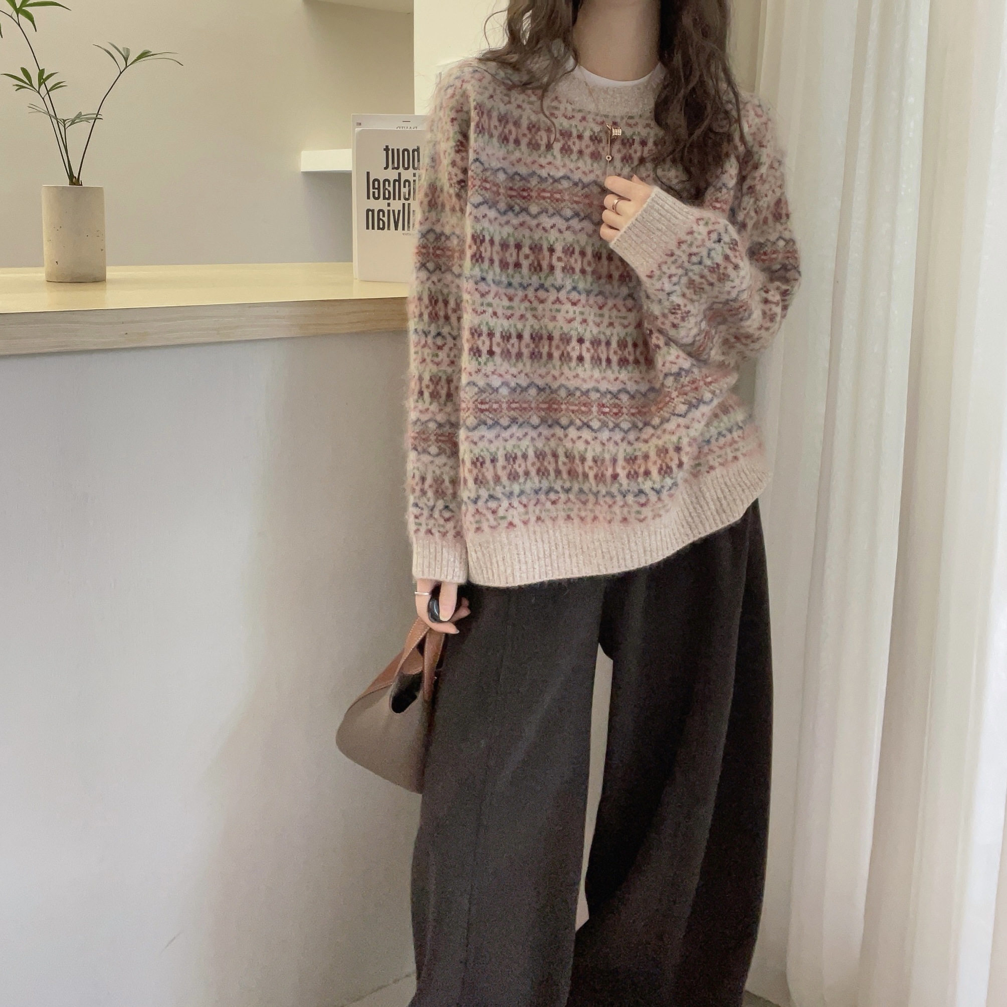 欧洲站2025冬装新款圆领日系复古费尔岛提花羊绒羊毛针织衫毛衣女