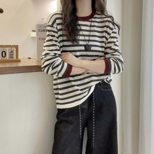 欧洲站2025早秋装新款欧货圆领条纹细羊毛针织衫女秋长袖宽松上衣