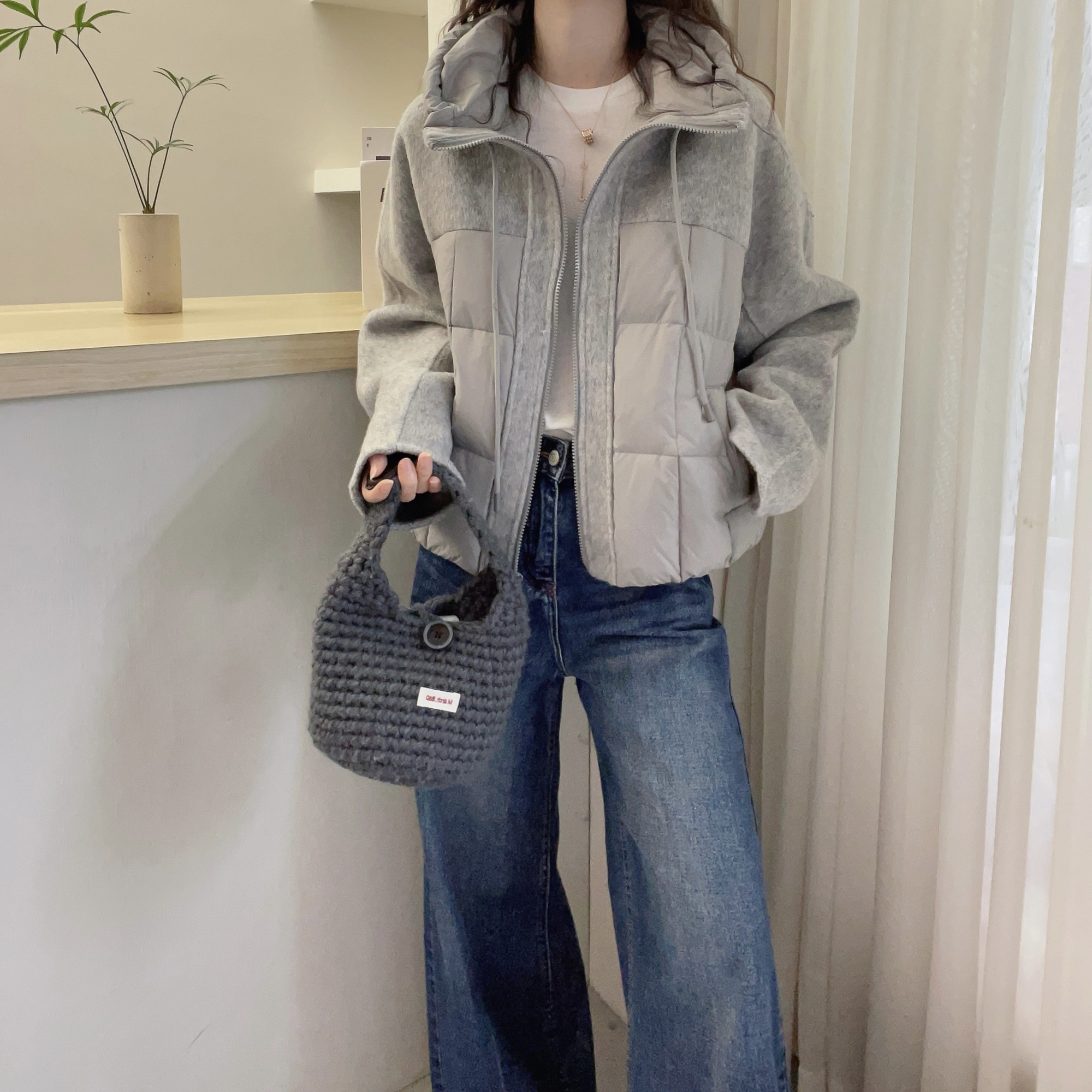 欧洲站2025冬装潮羊驼绒拼接连帽短款羽绒服女灰色保暖面包服外套