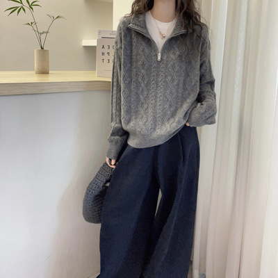 欧洲站2025冬装复古大翻领拉链麻花山羊绒针织开衫女羊毛毛衣外套