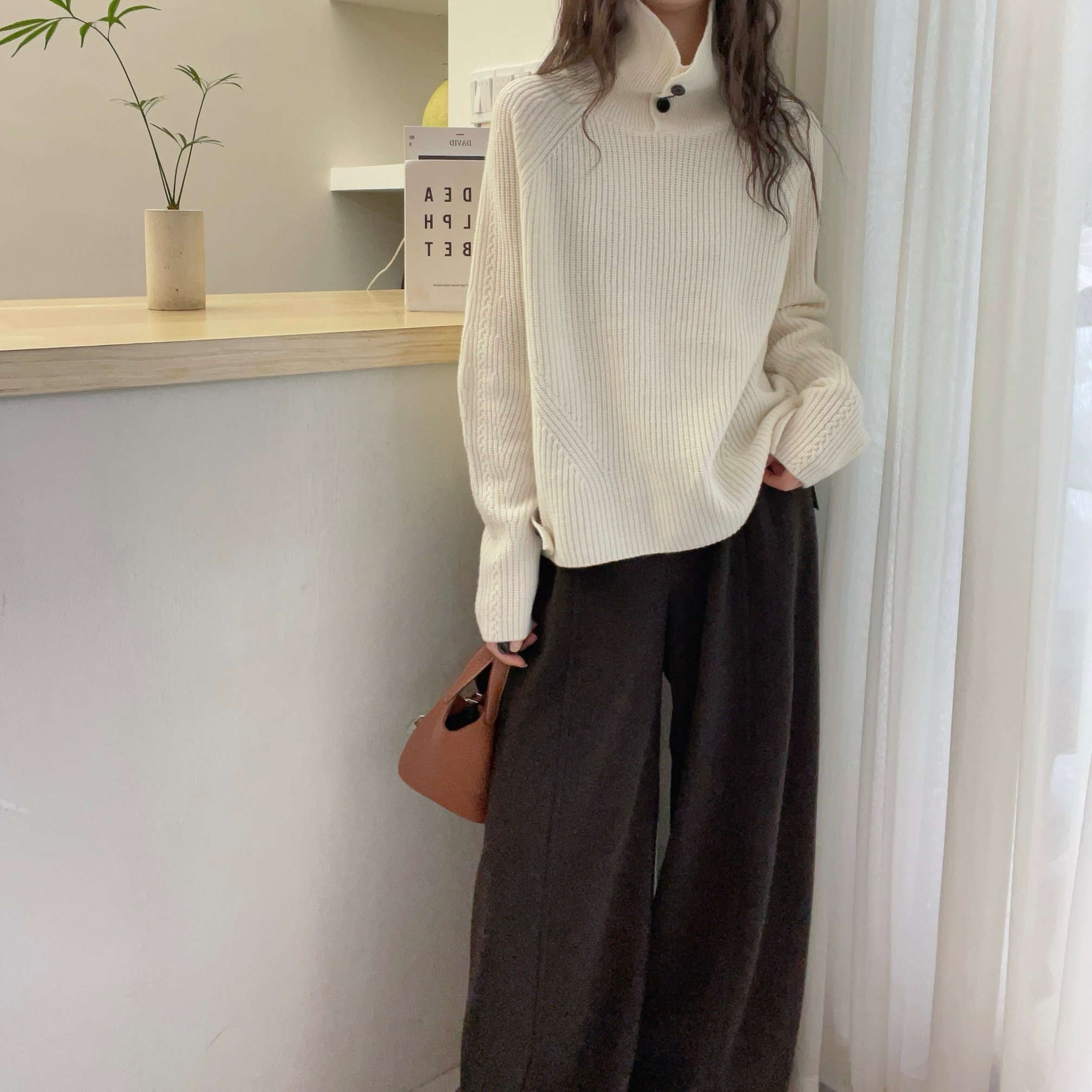 欧洲站2025秋季新款欧货潮半高领纯色全羊毛针织衫女慵懒显瘦毛衣