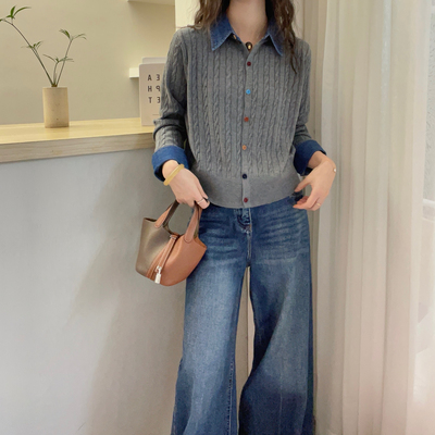 欧洲站2025牛仔拼接polo领羊毛针织开衫女减龄彩色纽扣麻花外套女