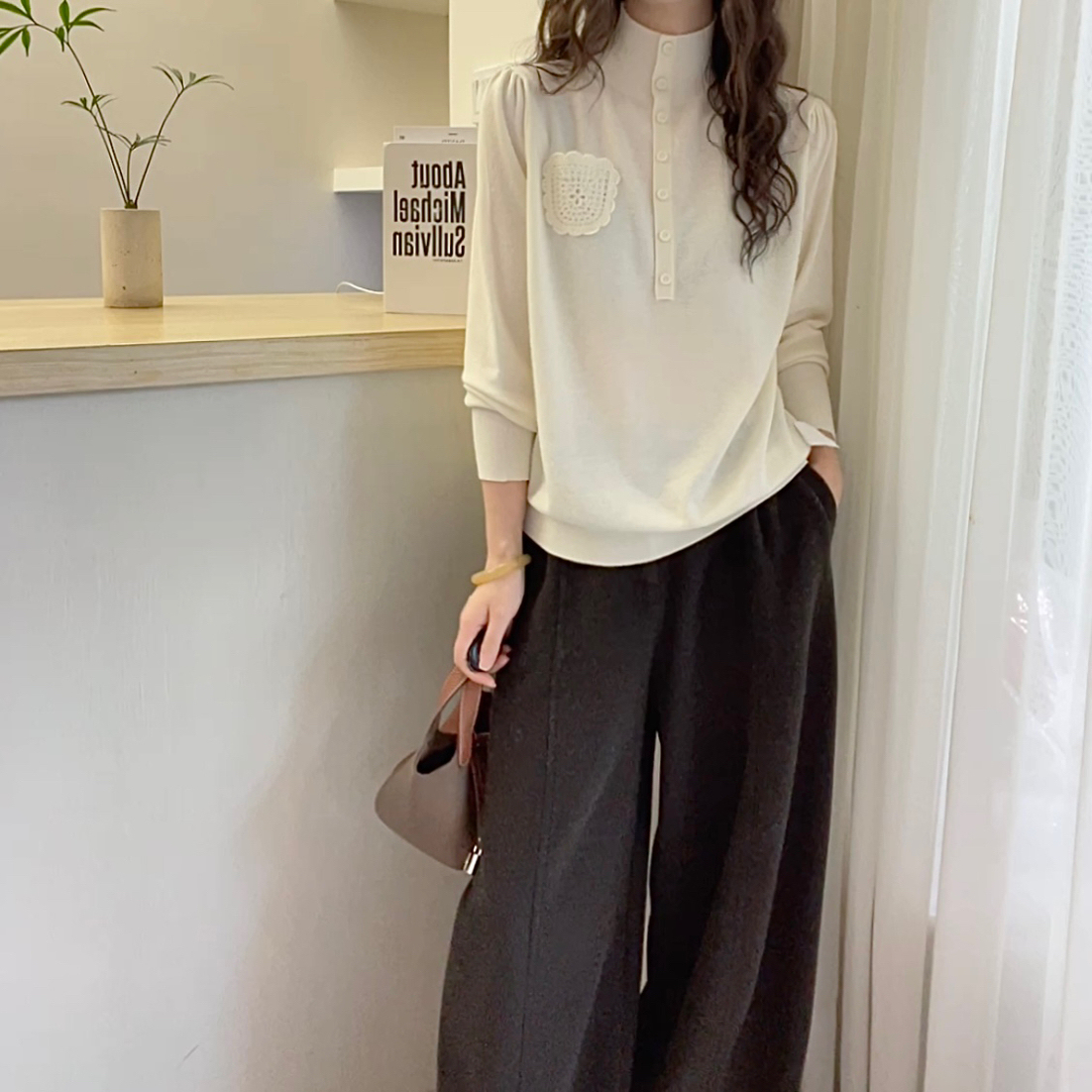 欧洲站2025冬装潮极简风半拉链立领针织衫女纽扣装饰羊毛衫毛衣女