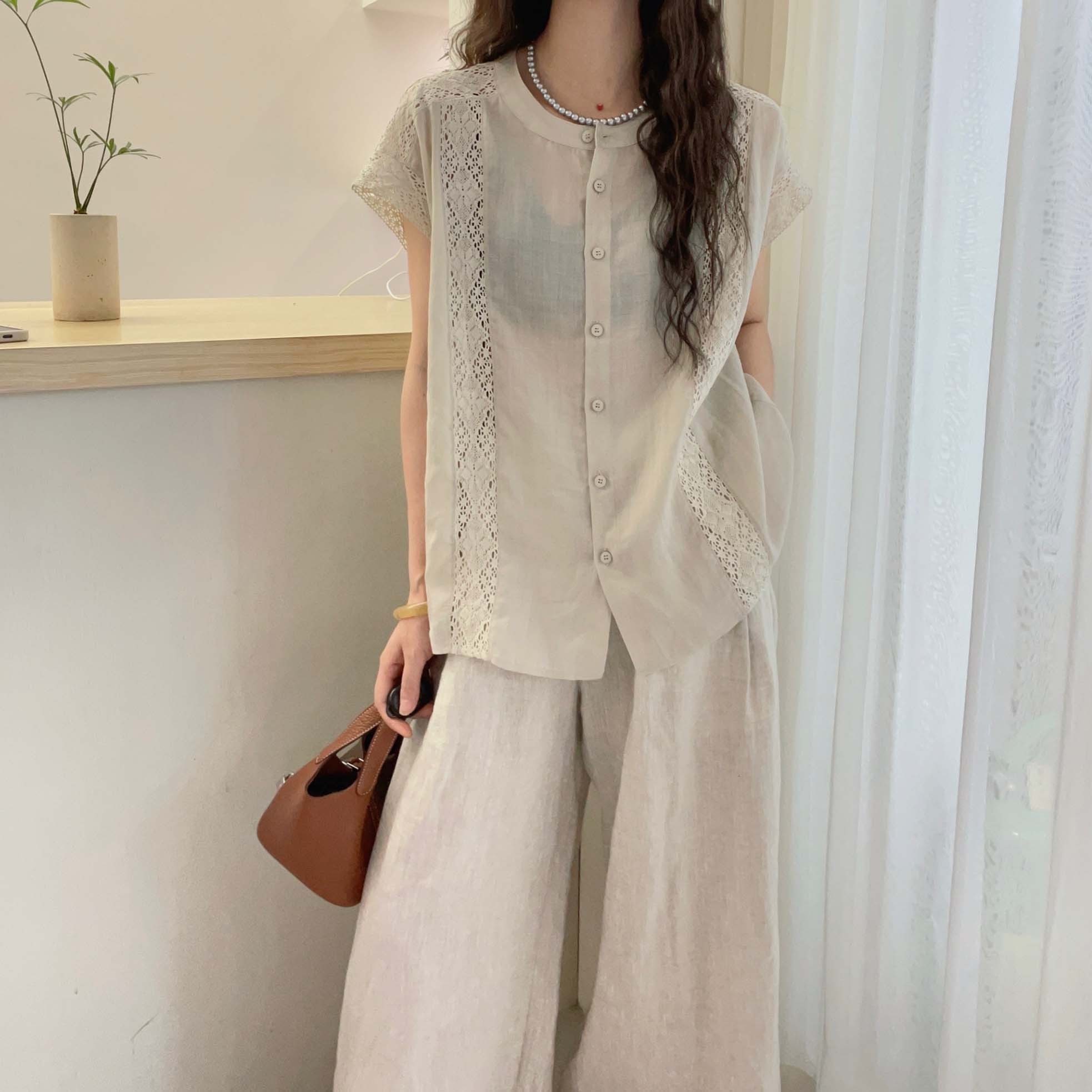 欧洲站2025夏装新款欧货圆领镂空蕾丝花边苎麻短袖衬衫女宽松上衣