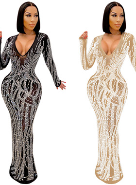 Sexy Black Nude Crystal Mesh Sheer Bodycon Dress For Women