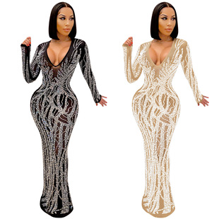 Crystal Mesh For Black Women Dress Nude Bodycon Sexy Sheer