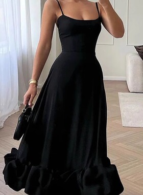 Slim Summer Dress Woman 性感吊带舞会泡泡大裙摆纯色连衣裙女