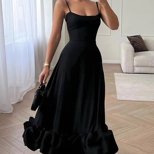 Slim Summer Dress Woman 性感吊带舞会泡泡大裙摆纯色连衣裙女