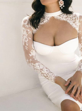 Women sexy party evening bandage dress 蕾丝长袖连衣裙礼服裙