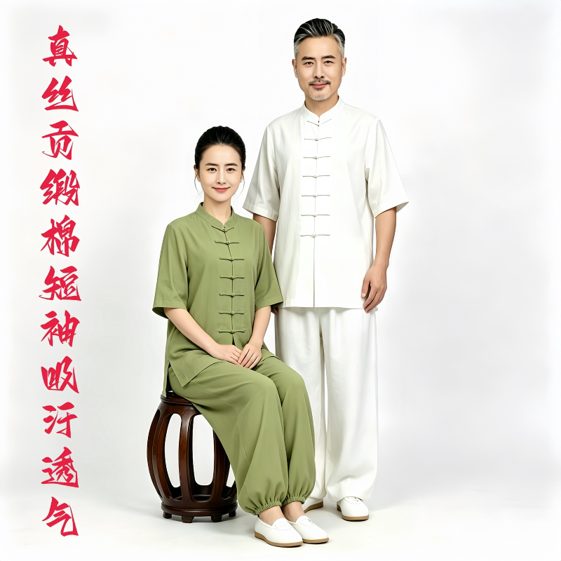 夏季真丝贡缎棉透气短袖太极服图片