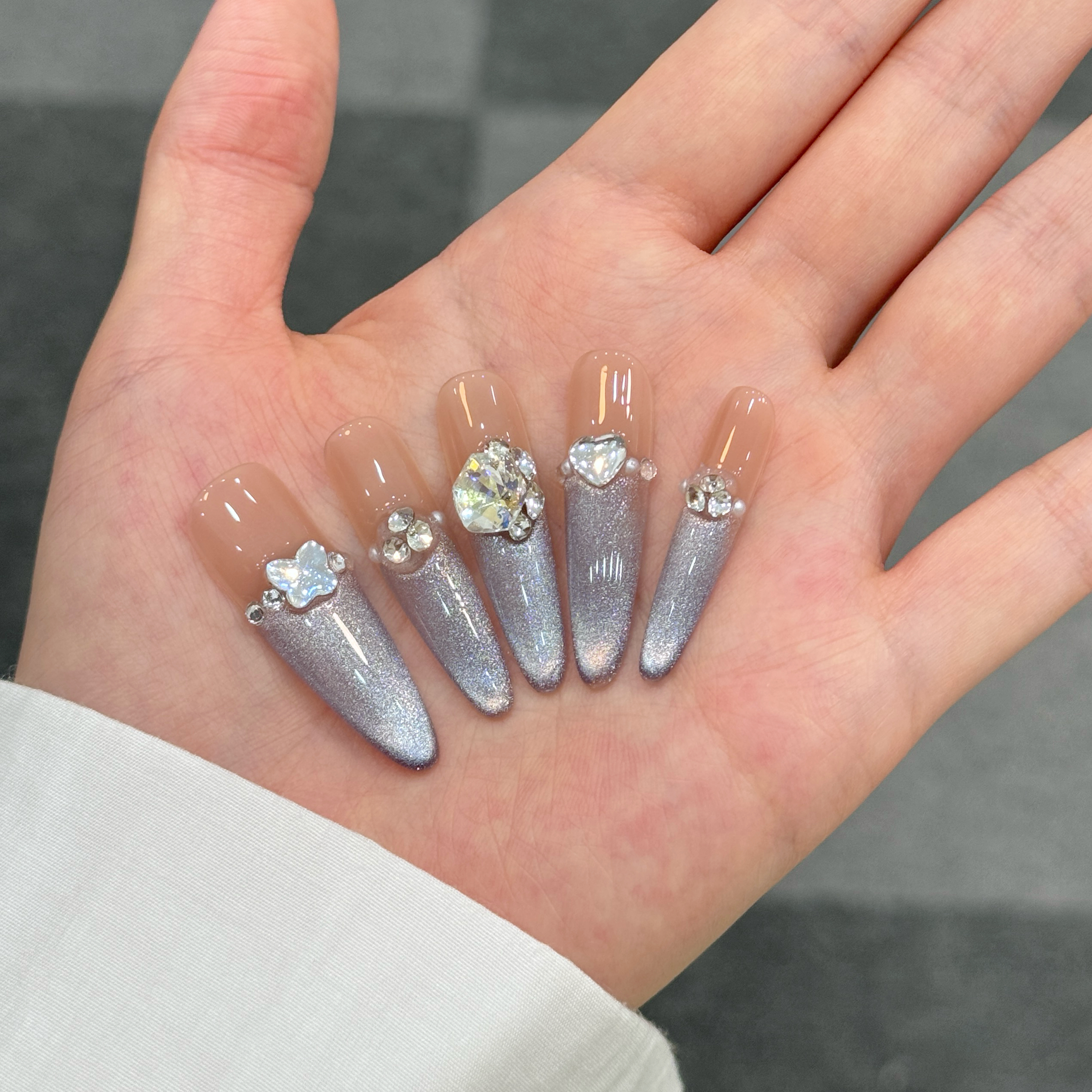 长款高级轻奢手工猫眼穿戴甲爆闪美甲贴片成品日常-V05