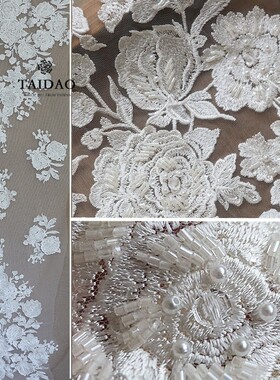 新款台岛田园华丽手工钉珠刺绣z19重工蕾丝婚纱礼服高定大花面料