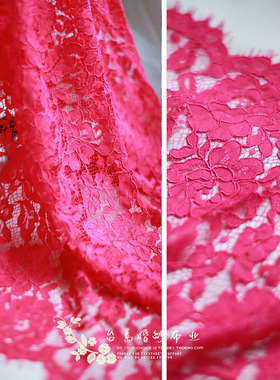 红色新款台岛婚纱高定礼服面料网纱L301睫毛车股大花朵蕾丝布料