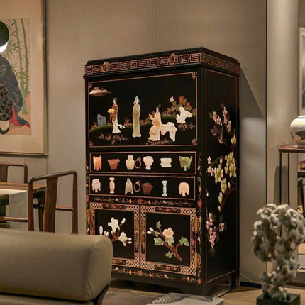 扬州漆器厂新中式雕刻家具客厅新古典手工骨石花鸟酒柜玄关储物柜