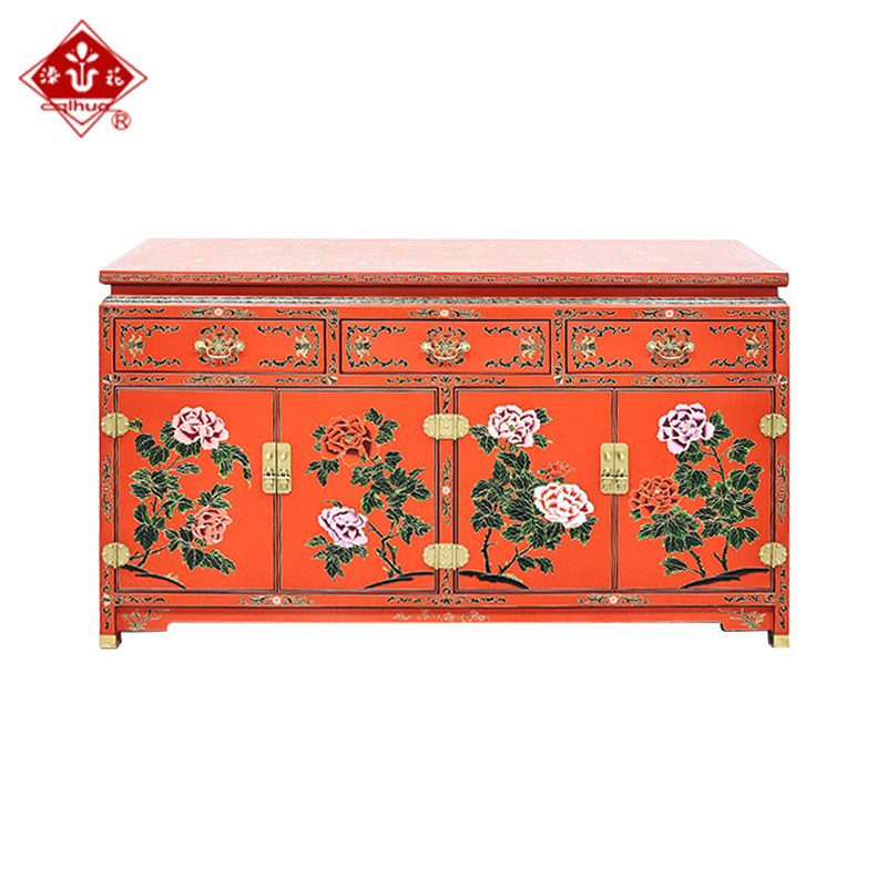 漆花扬州漆器厂中式家居家具雕填红底花鸟三抽四门柜餐边柜