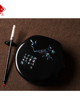 扬州漆器厂新中式点螺楠木雕漆砂砚 双桃  古趣图  砚台文房四宝