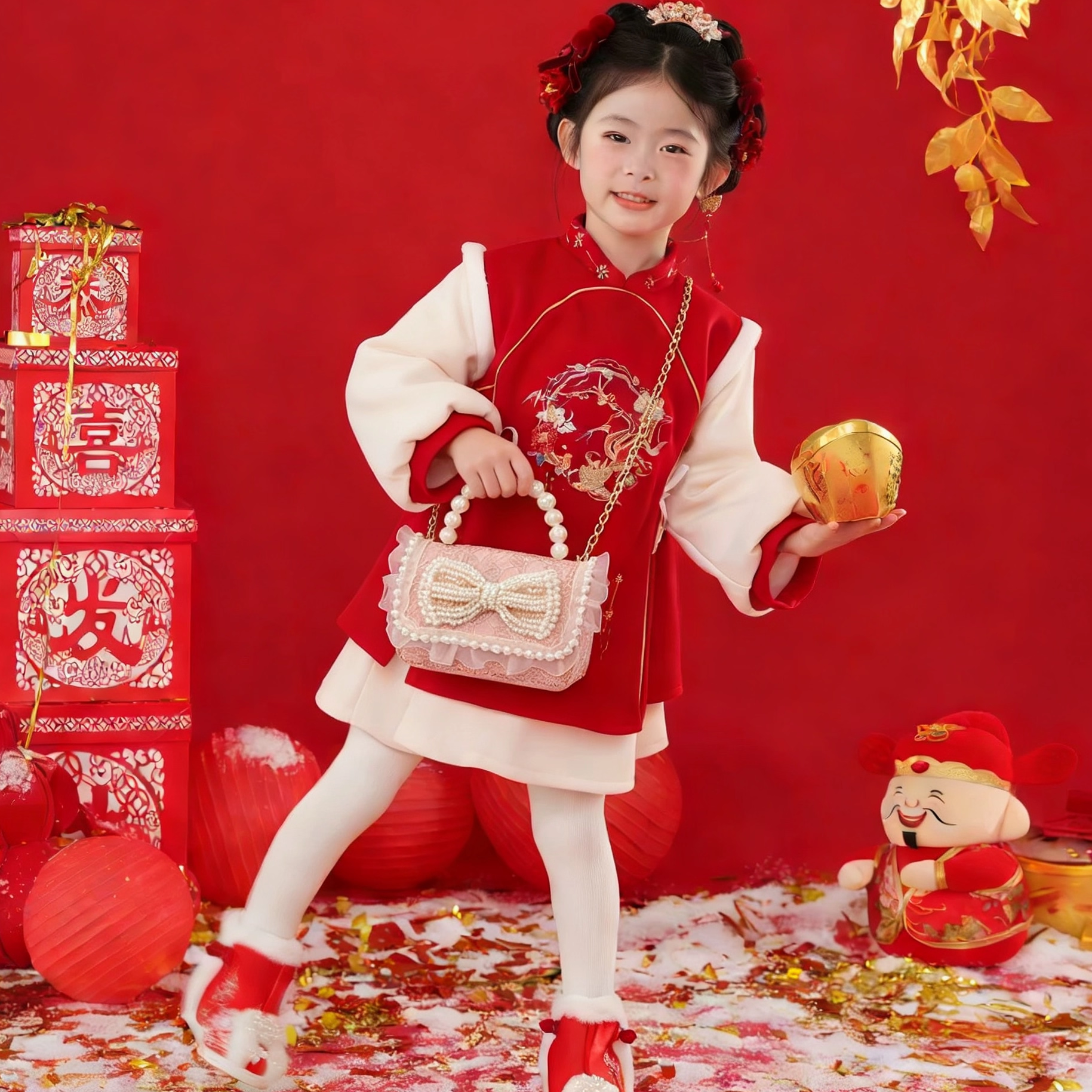 新年女童珍珠手拎斜跨包洋气蝴蝶结蕾丝边小香风潮包女孩公主包