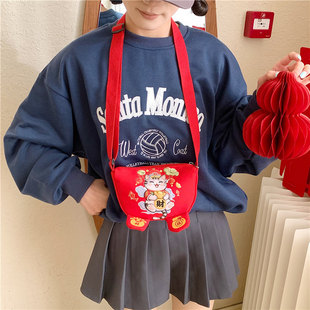 儿童新年红色醒狮招财猫斜挎包马年女童拜年压岁钱包男孩单肩小包