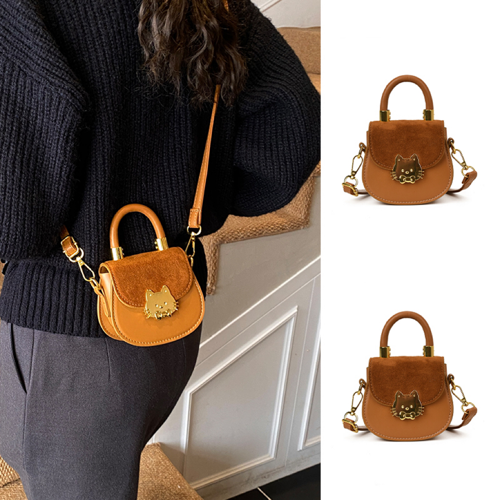 复古拼色猫咪扣迷你小包包