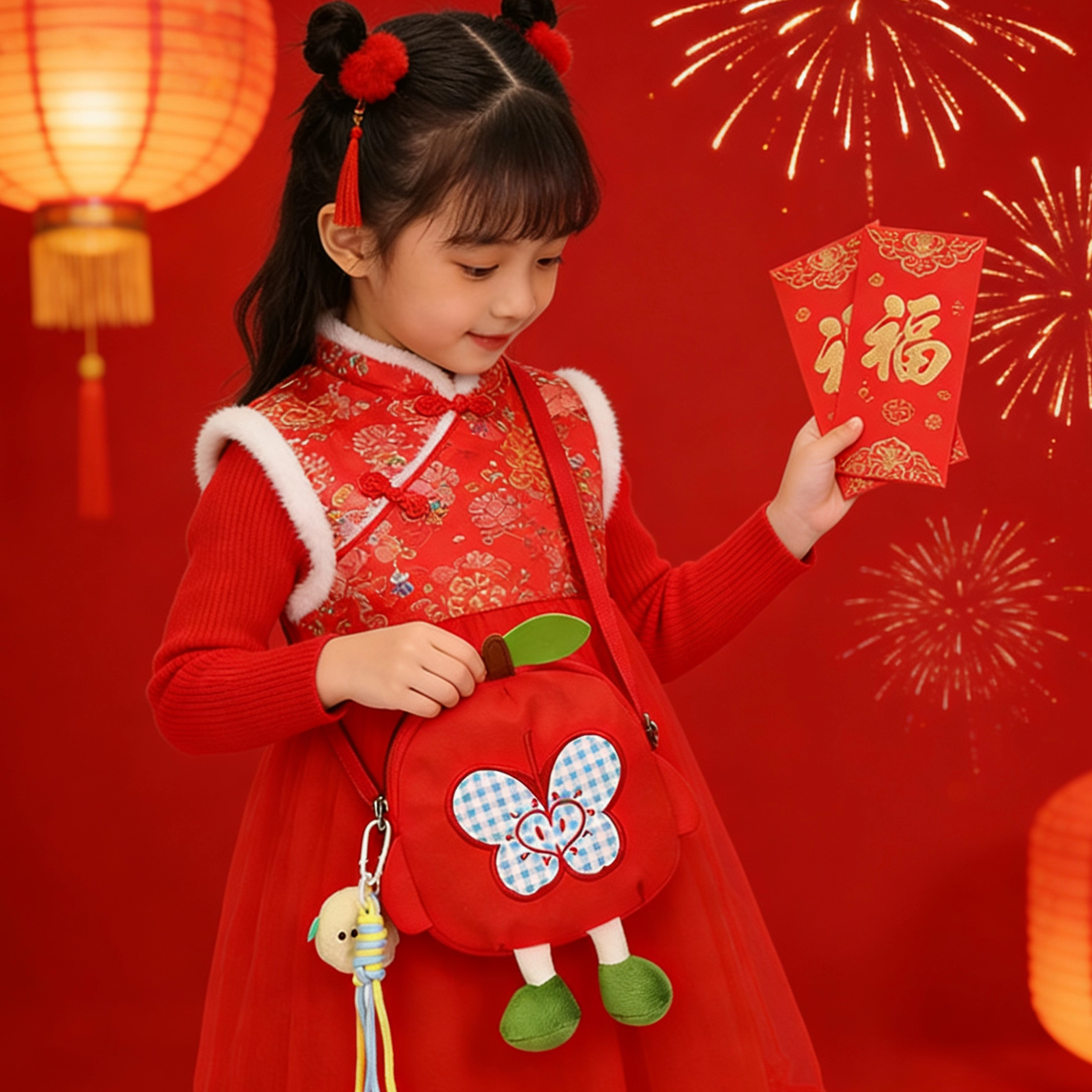 新年帆布红包女童拜年包红苹果可爱女孩公主单肩斜挎包压碎零钱包