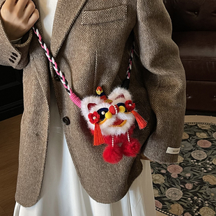 新款儿童醒狮零钱包可爱毛绒斜挎包宝宝过年红包包国风萌趣小挎包