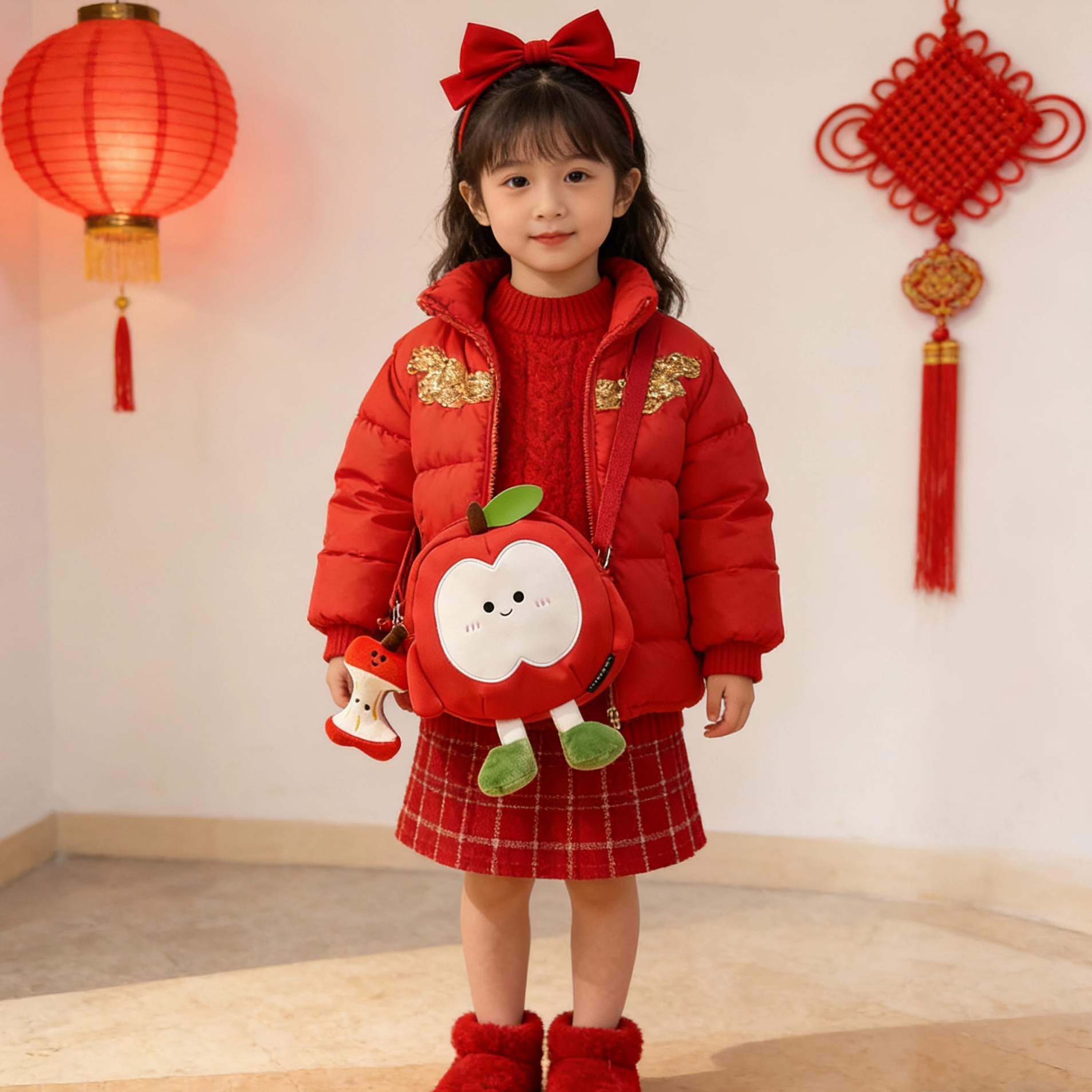 新年红包可爱男女童苹果单肩斜挎帆布包女孩拜年压岁钱包出游布包