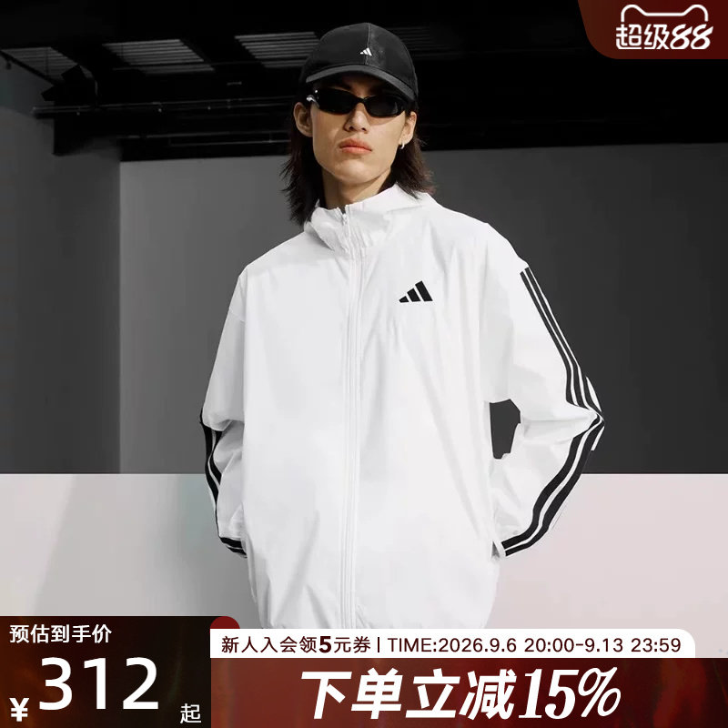 阿迪达斯春新款男三条纹运动休闲连帽梭织夹克连帽外套JF3682图片