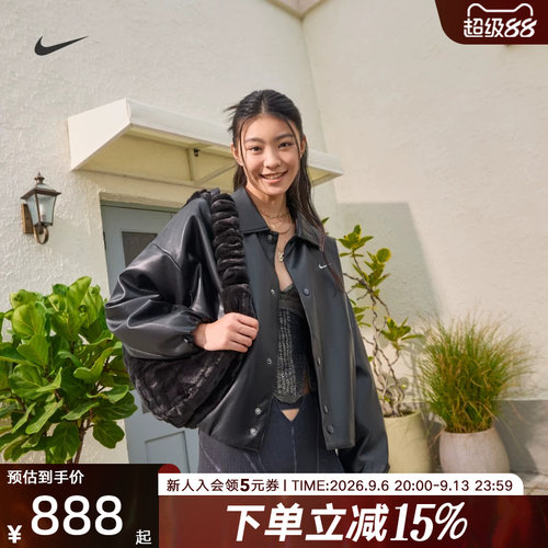 Nike耐克立领外套女春新款刺绣小标黑色休闲皮衣夹克IO0477-010