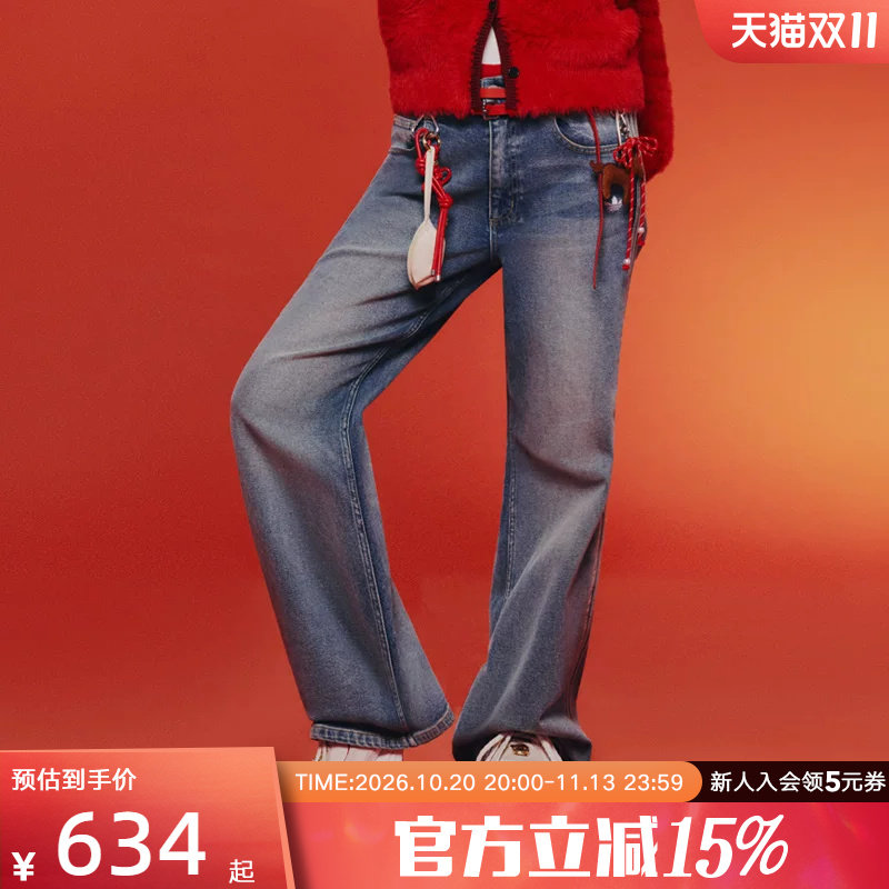 欧阳娜娜同款阿迪达斯新年款牛仔裤春女水洗微喇叭运动裤 KT3173