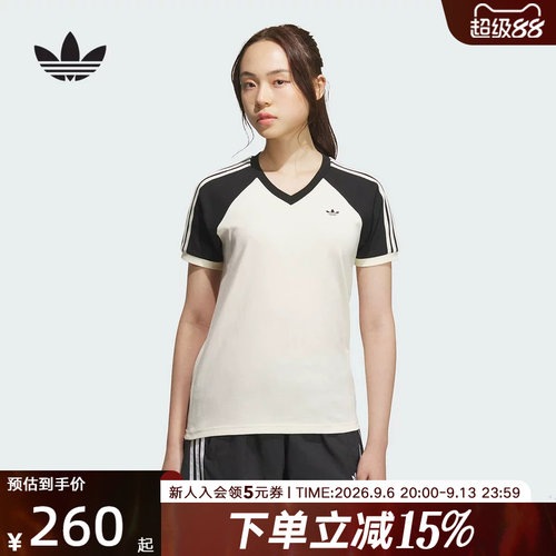 阿迪达斯三叶草短袖女新款运动拼接经典三条纹V领T恤KF0316