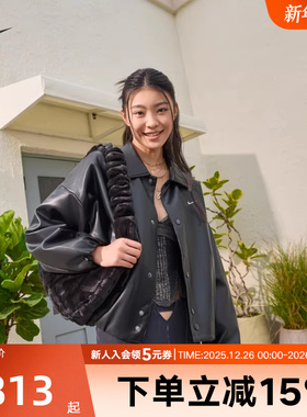 Nike耐克立领外套女25冬新款刺绣小标黑色休闲皮衣夹克IO0477-010